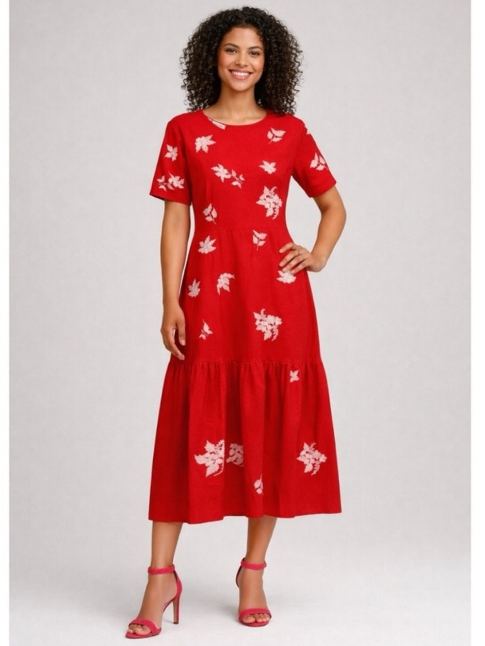 Fanm Mon Nursel Embroidered Crew Neck Short Sleeve A-Line Midi Dress NWT